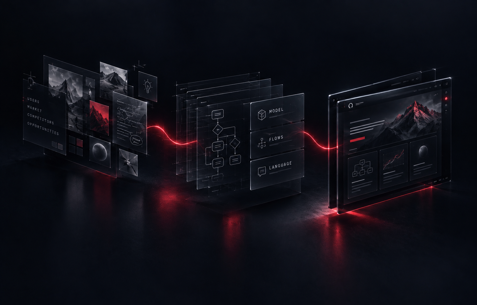 Glass panels mapping research, flows and language into a finished product interface, traced by a red signal line