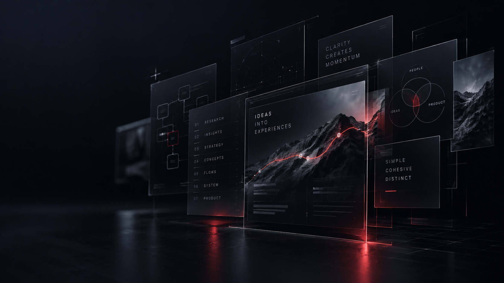 Layered glass interface panels showing product design artifacts against dark space with a red glow